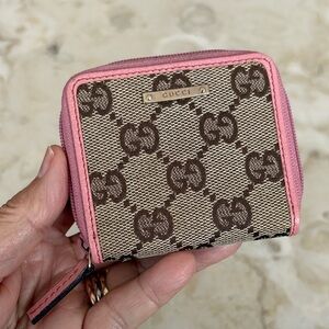 GUCCI GG Monogram Logo Canvas & Leather Coin Purse Wallet Pink